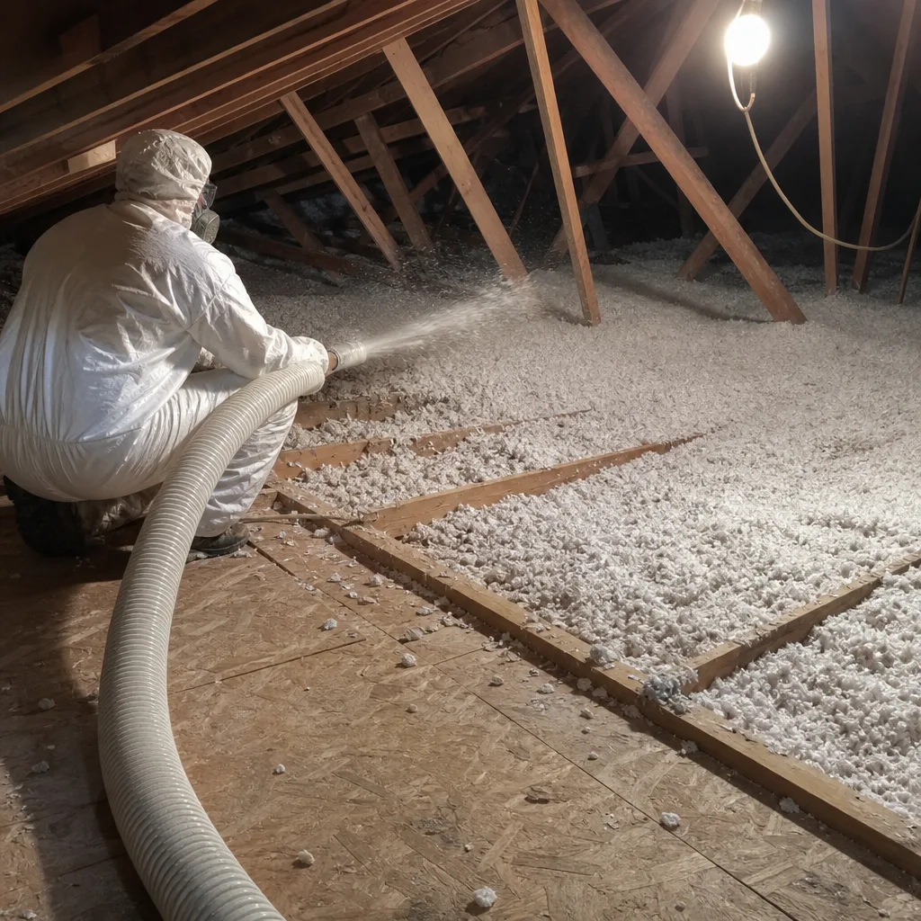 Professional contractor installing blown-in attic insulation for home energy efficiency