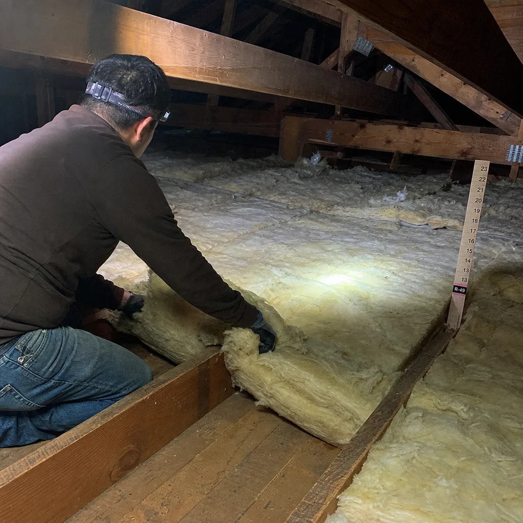 Technician installing attic fiberglass batt insulation for energy efficiency