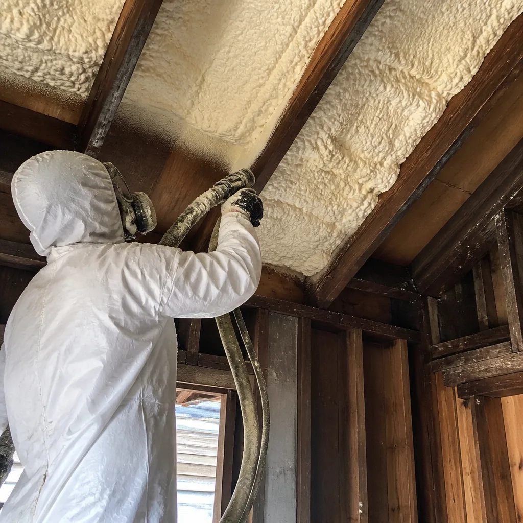 Contractor applying spray foam insulation to wooden ceiling framing