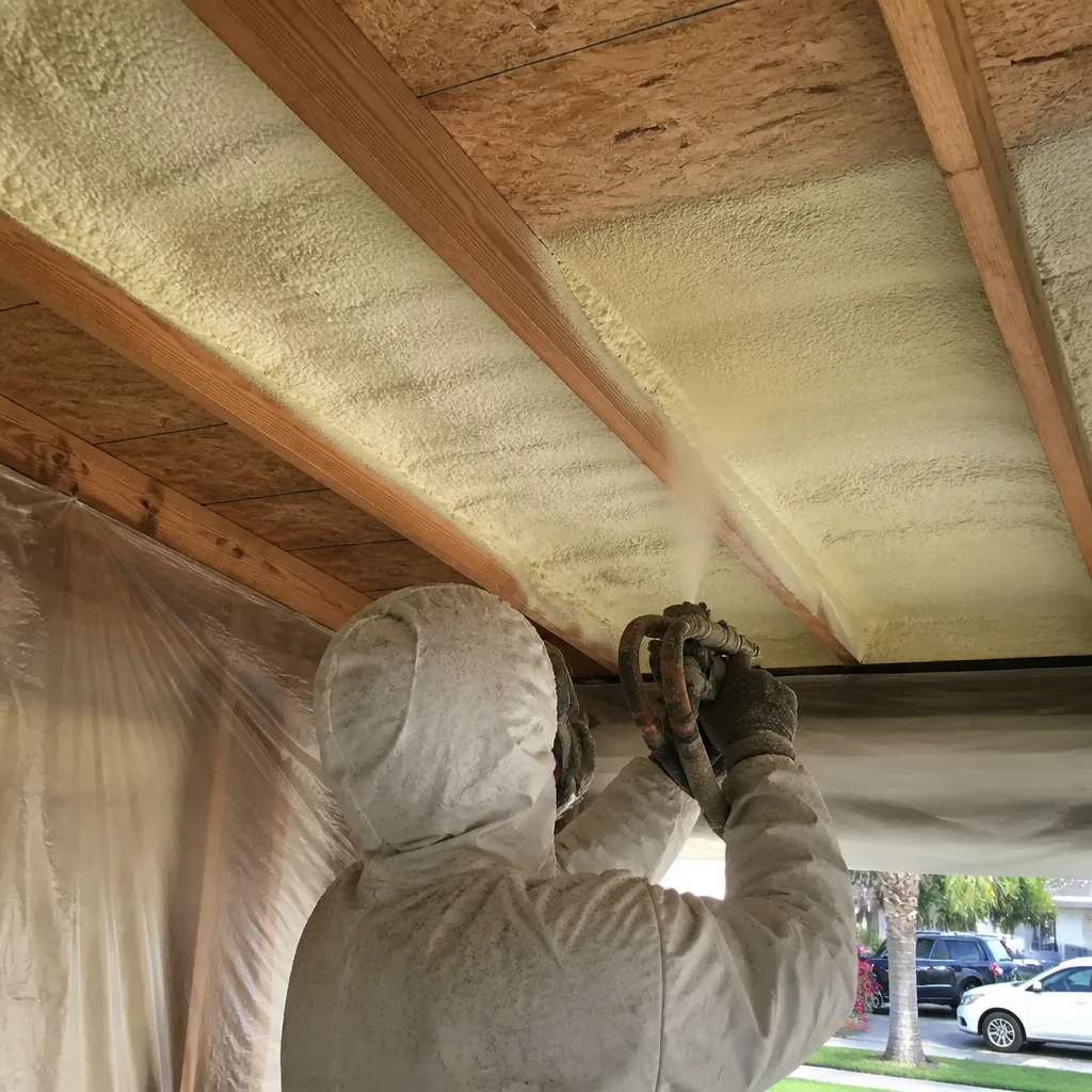 Professional technician applying spray foam insulation to residential roof rafters