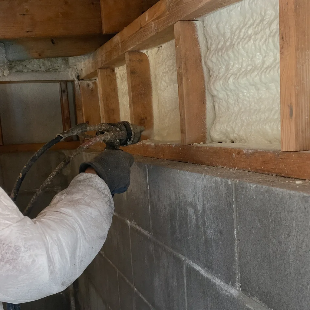 Contractor applying professional spray foam insulation to basement rim joists