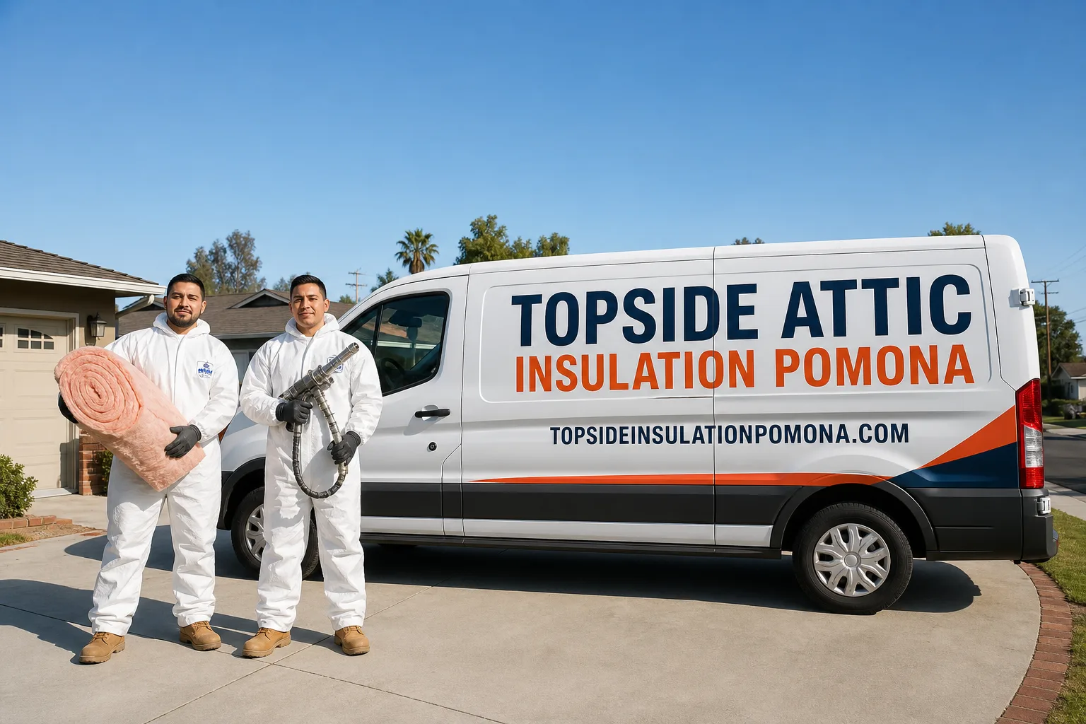 Topside Attic Insulation Pomona insulation service vehicle and crew in Pomona, CA